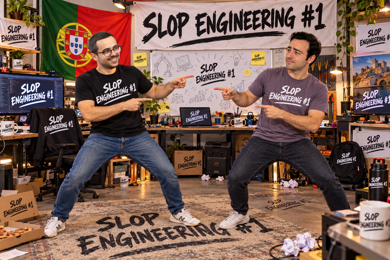 Two men pointing at each other in a workshop covered in Slop Engineering signs